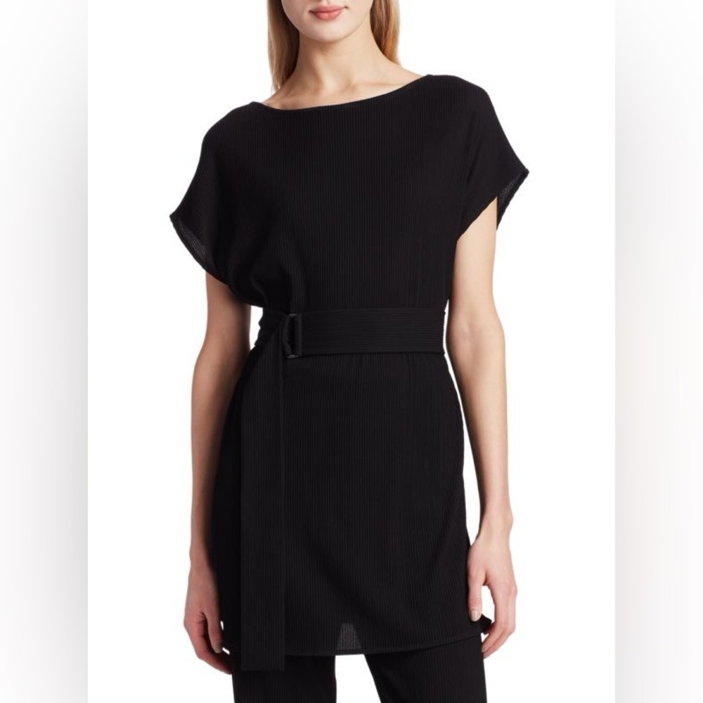 NWT St John Plisse Textured Jersey Tunic Top Belted Black Caviar Sz M